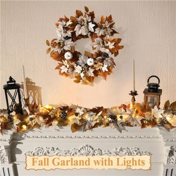 6 FT Fall Garland with Lights Automatic ON/Off Fall Leaves Mantle Garland - Picture 2 of 7